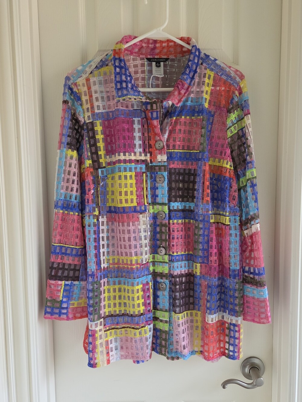 John Mark Patchwork Button Down Shirt Top Open Weave Lattice Plaid Multi Color L